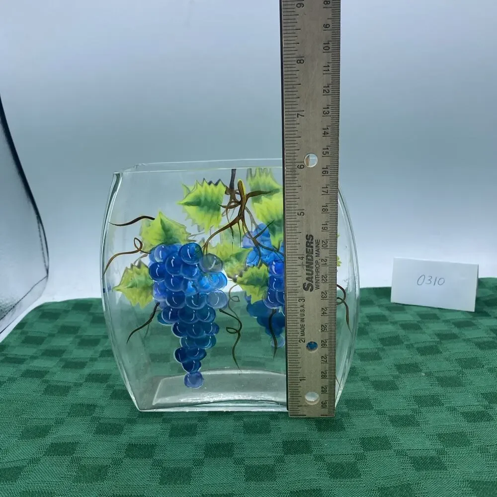 6” Hand Painted Grape Vines Vase Or Napkin Holder 6” Tall